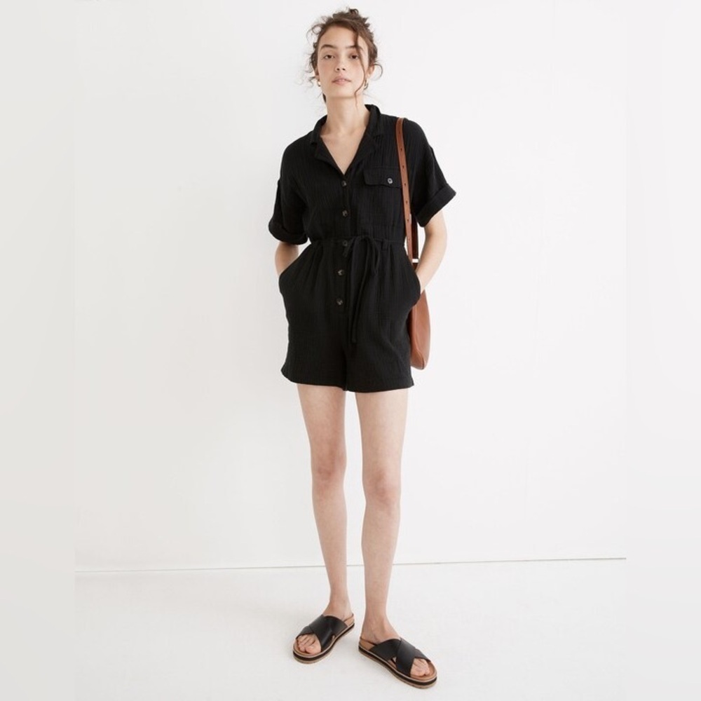 Madewell women’s Lightspun Belted Safari Romper in Black cotton gauze size XS